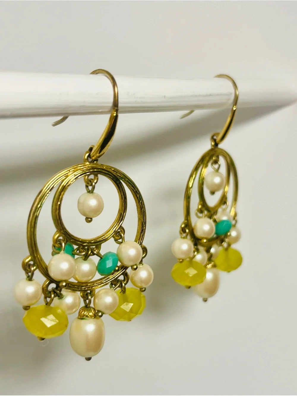 Vintage Double Gold Hoop Chandelier Earrings with Faux Pearls and Green Beads